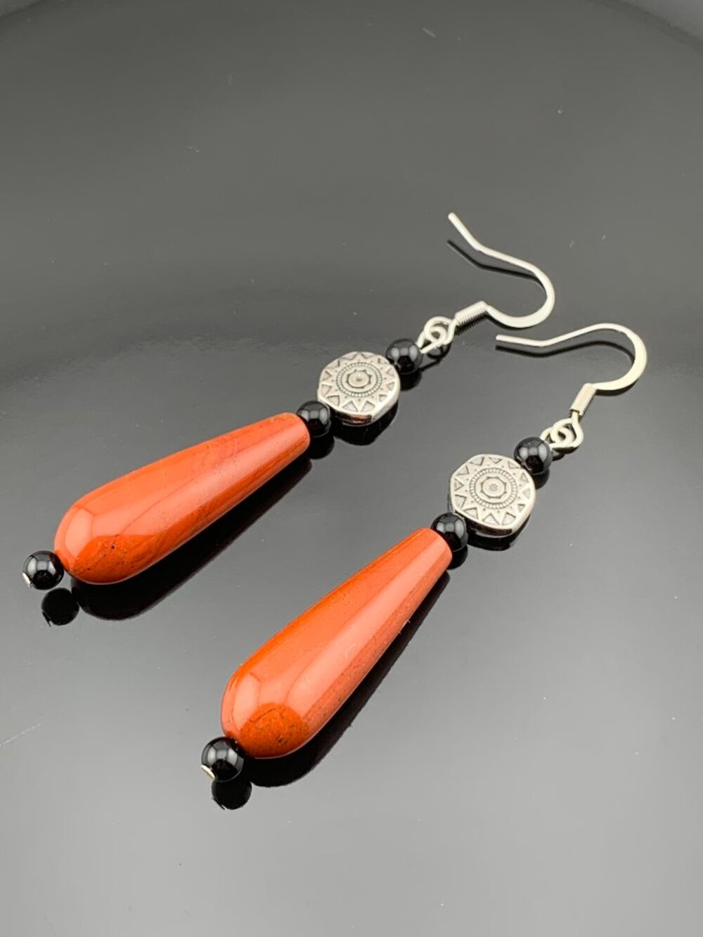 Mahogany Red Jasper Black Onyx Silver Boho Bead Long Handmade Earrings LR211